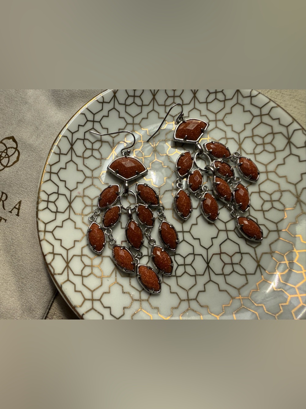 Goldstone Dangle Chandelier Earrings - Brown Goldstone